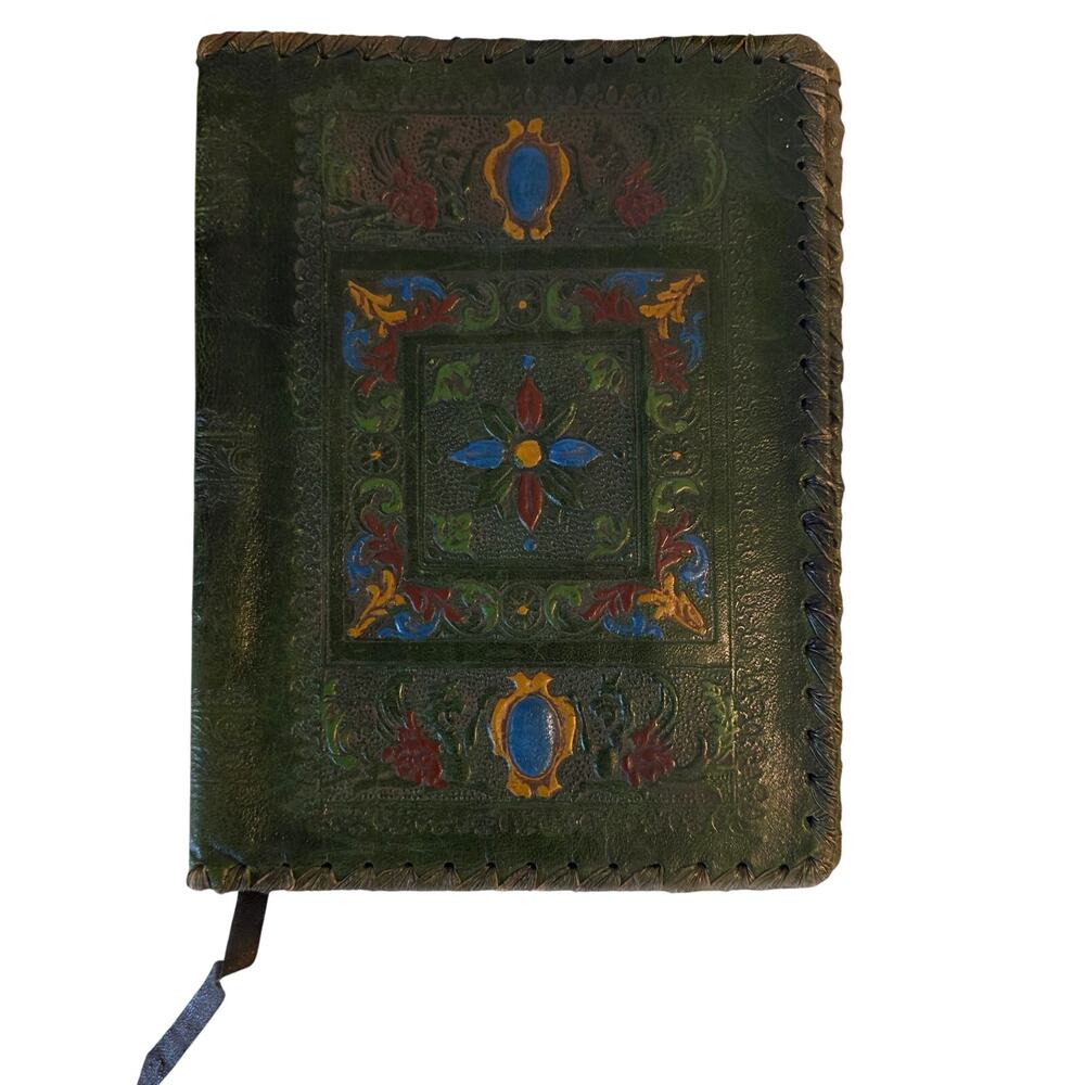Vintage 60s Italian Tooled Leather Journal Cover Green Gold Gilt Renaissance